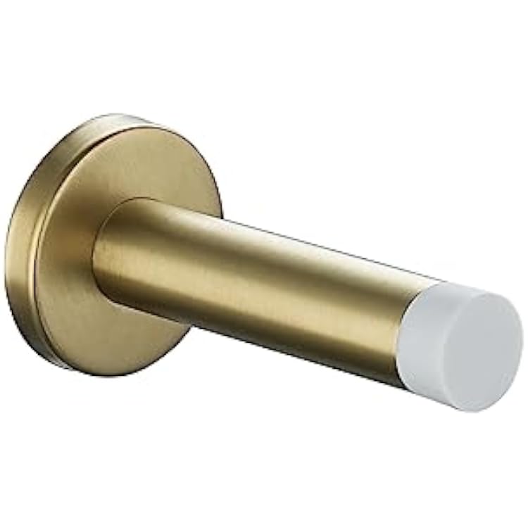 JQK Door Stopper Gold, 304 Stainless Steel Thicken 1mm Sound Dampening Door Stop Bumper Wall Protetor 1 Pack, Brushed Gold Black Tip, DSB5-WG