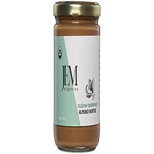 JEM Organics Cashew Cardamom Sprouted Almond Nut Butter, Organic, All Natural,Gluten-Free, Vegan, Paleo, Keto Snack, 16 oz Jar, Single Pack