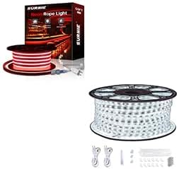 SURNIE 50FT Red LED Neon Rope Lights & 150FT Daylight White LED Strip Lights