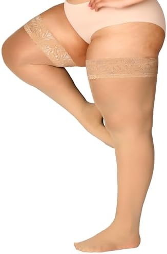 DORALLURE Plus Size Thigh High Stockings Silicone Lace Top Stay Up Silky Pantyhose for Women Hold Up Nylon