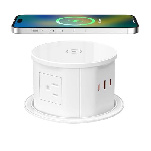 Pop up Outlet for Countertop with Wireless Charger,45W USB C Port, 4.7 Diameter Round Pop Up Counter Outlet with AC Outlets,USB Ports,Hidden Outlet,Pop Out Outlet