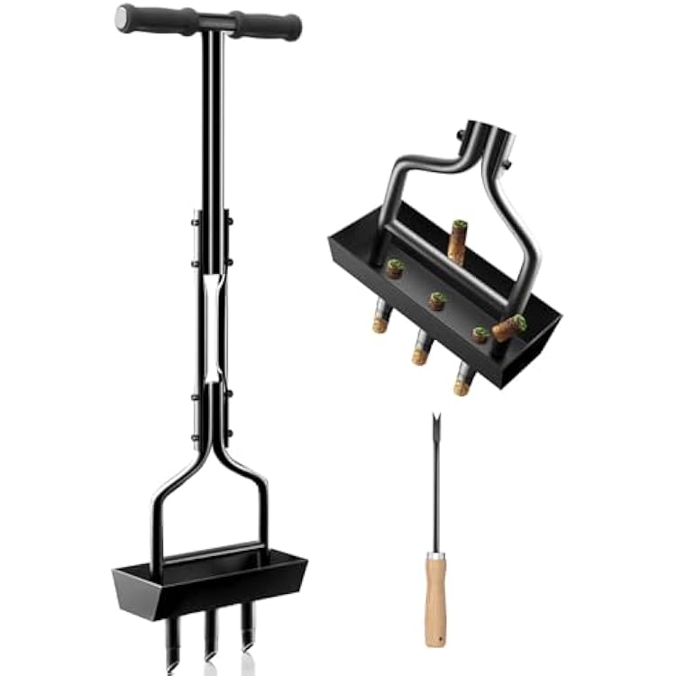Manual Lawn Aerator Tool with Storage Tray for Soil Core Yard Tools Lawn Care with 3 Tines & Clean Tool Lawn Plug Aerator for Compacted Soil Garden Yard Lawn Care, 37.6