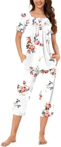 Bestbee Womens Pajama Sets 2 Piece Summer Sleepwear Ladies Pjs Henley Neck Short Sleeve Capri Pant With Pockets