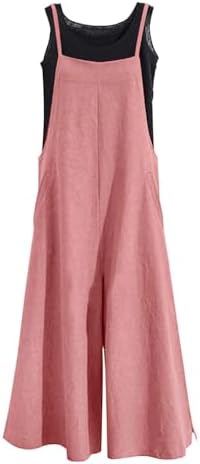 YESNO Women Casual Loose Long Bib Pants Wide Leg Jumpsuits Baggy Cotton Rompers Overalls with Pockets PZZTYP2