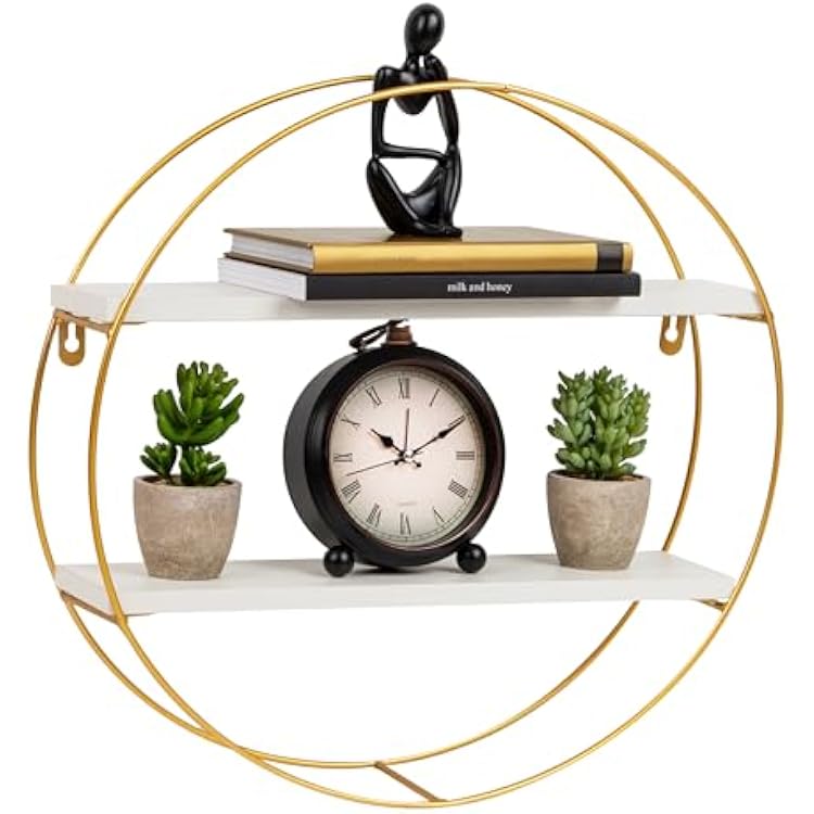 Mind Reader Floating Round Wall Shelves, Gold Metal Frame with Dual White Display Shelves, Decorative Wall-Mounted Organizer for Living Room, Office, or Bathroom, Metal. MDF, White