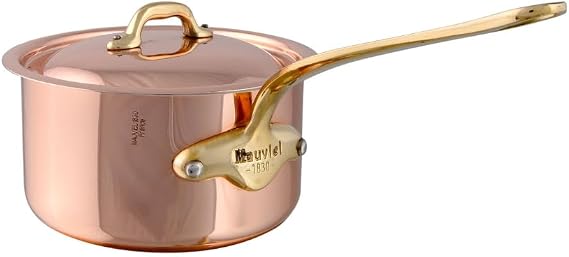 Mauviel M'Heritage 150 B 1.5mm Polished Copper & Stainless Steel Sauce Pan With Lid, And Brass Handles, 1.3-qt, Made in France