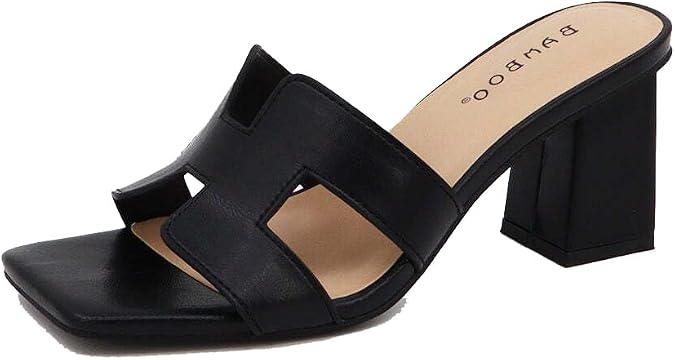 Bamboo Women's Open Square Toe Mules Cut-out Detail Block Heel