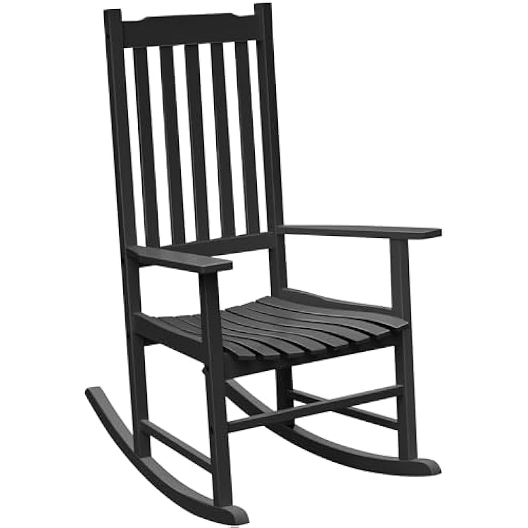 Flamaker Outdoor Rocking Chair Oversized Wooden Patio Chairs with Widened Armrest High Back Porch Rocker for Lawn, Garden, Backyard, Fire Pit Black