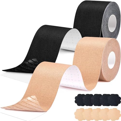 Boobytape for Breast Lift 2 PCS,Boob Tape for Large Breasts,Push Up Invisible Bra Body Tape, Breast Tape Kit with Nipple Cover Nude & Black3-L2