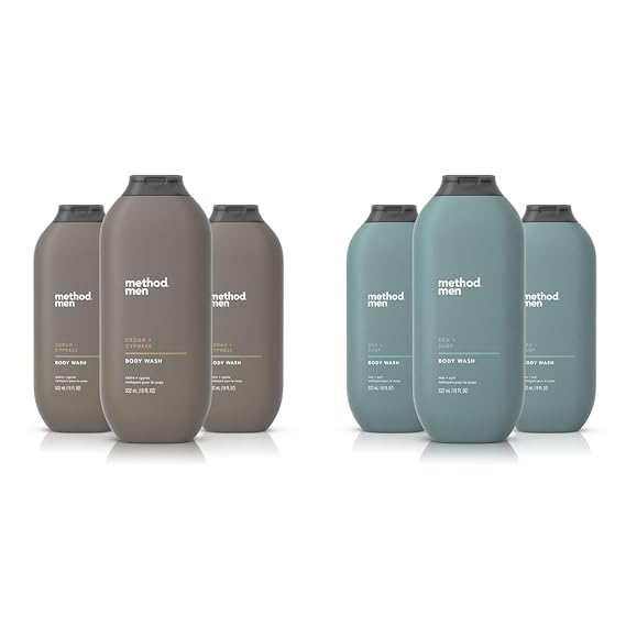 Method Men Body Wash, Cedar + Cypress, Paraben and Phthalate Free, 18 FL Oz & Men Body Wash, Sea + Surf, Paraben and Phthalate Free, 18 FL Oz,Softening