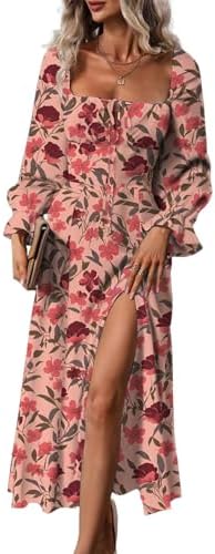 BLENCOT Womens Casual Square Neck Long Sleeve Boho Floral Midi Dress Print Side Split Dresses
