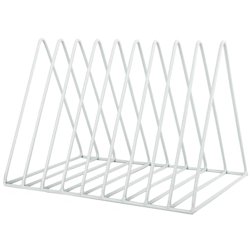 EASEPRES Vinyl Record Holder Storage, 9 Slot Metal Magazine Book Album Display Rack, Stylish Triangle Desktop File Sorter Organizer for Home Office, White