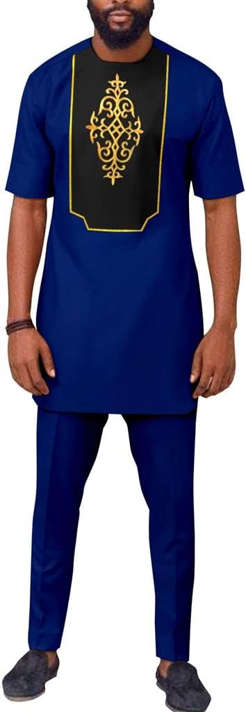 African Suits for Men Outfits Two Pieces Set Dashiki Shirts and Pant Wedding Party Suit Short Sleeve Tracksuit Attire (Color : Blue, Size : Small)