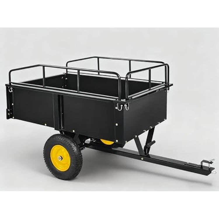 Universal Dump Trailer for Lawn Tractor & ATV, 750Lb Capacity Steel Utility Cart with Removable Sides, 15 Cubic Foot Bed, Hand Foot Operated Dump Lever