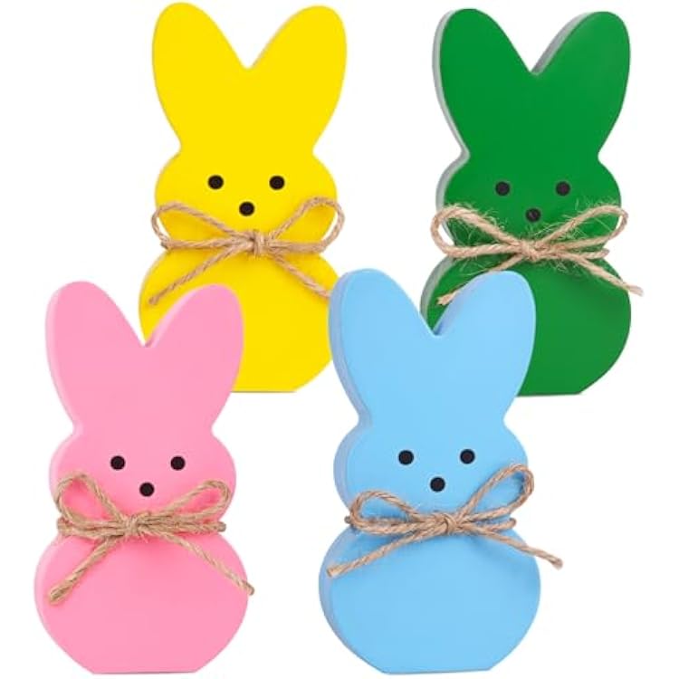Easter Decor, 4 Pcs Wooden Peep Bunny Decorations for Tiered Tray, Mantel, Farmhouse, Cute Spring Signs for Home, Office, Party Supplies