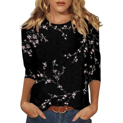 Womens 34 Sleeve Tops 2025 Spring Print Round Neck Shirts Loose Fit Three Quarter Sleeve Tshirts