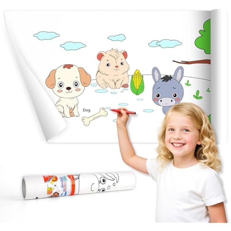 YPLUS Children Drawing Roll, Coloring Paper Roll for Kids, 120 x 11.8 Inch Sticky DIY Painting Drawing Paper Rolls for Toddler, Kids Gift, Party Activities, Wall Coloring Paper Stickers - Animal