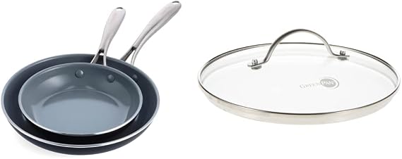 GreenPan Swift Healthy Ceramic Nonstick, 8" and 10" Frying Pan Skillet Set, Stainless Steel Handles, PFAS-Free, Dishwasher Safe, Oven Safe, Black & Glass Lid with Stainless Steel Handle, 8"
