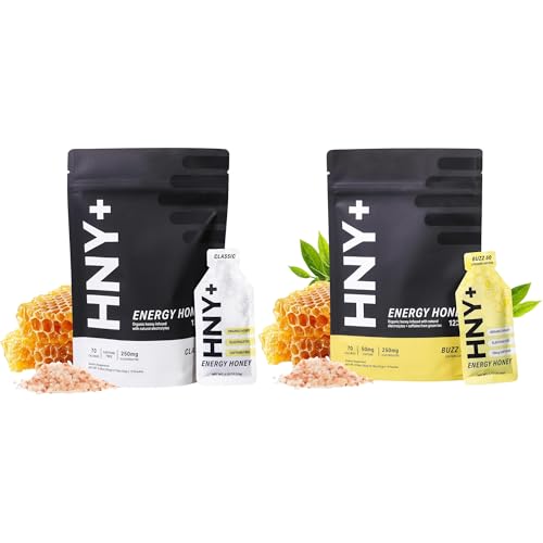 HNY Natural & Buzz Organic Honey Energy Gels, Raw Organic Honey Based Energy Gel with Electrolytes, Workout & Running Goo with Electrolytes, 50mg Caffeine & Caffeine Free, 24 Count