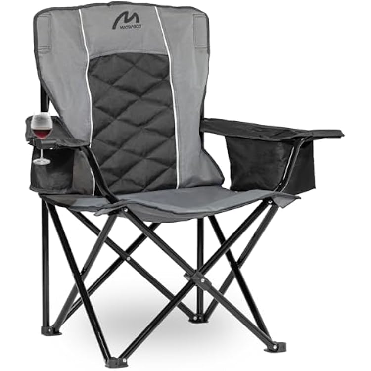 Oversized Padded Camping Chair, Heavy Duty Steel Frame, 450 lb Capacity, Folding Camp Chair with 6-Can Cooler, Carry Bag for Outdoor Camping, Beach, HikingGray & Black