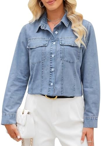 GRAPENT Denim Button Down Shirts for Women Long Sleeve Western Casual Lightweight Collared Pocket Jean Shirt Shacket Top