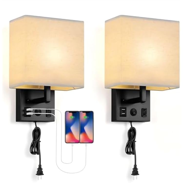 BTY Modern Wall Sconces Set of 2, Wall Lamps Bedroom Plug in with USB Charging Ports AC Socket Sconces Wall Lighting for Living Room Hallway, Black2 Bulbs Included