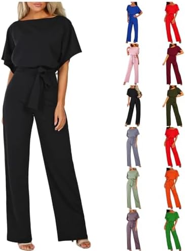 Jumpsuits For Women Elegant Loose Short Sleeve Belted Wide Leg Pant Romper Crewneck Wedding Overalls Formal Outfits