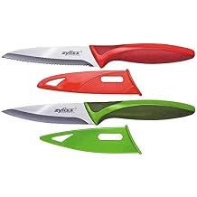 Zyliss Classic Paring Knife Set with Sheath Cover - Precision Knives for Cutting, Slicing & Peeling - Small Culinary 3 14 Paring Knife & 3 34 Serrated Knives - Carbon Stainless Steel Blade - Red/Green