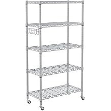 Homdox 5 Tier Adjustable Rolling Storage Shelves, Heavy Duty Wire Racks and Shelving, Metal Shelves for with Side Hooks Pantry Closet Kitchen Garage Organization, Silver Gray