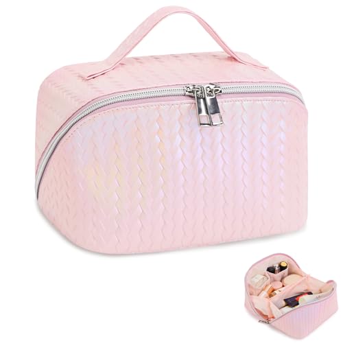 TINYAT Travel Makeup Bag for Women Open Flat Cosmetic Bags Leather Toiletry Bag Waterproof Pouch Travel Essentials Organizer