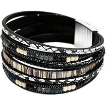 Leather Wrap Bracelets for Women, Boho Leopard Multi-Layer Crystal Beads Cuff Jewelry, Stackable Bangle Western Fashion Christmas Gift