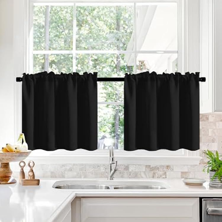 Deconovo Short Blackout Curtains Panels for BathroomKitchen - Thermal Insulated Rod Pocket Room Darkening Drapes, Noise-Reducing Curtains, 30W x 24L Inch, Black, 2 Panels