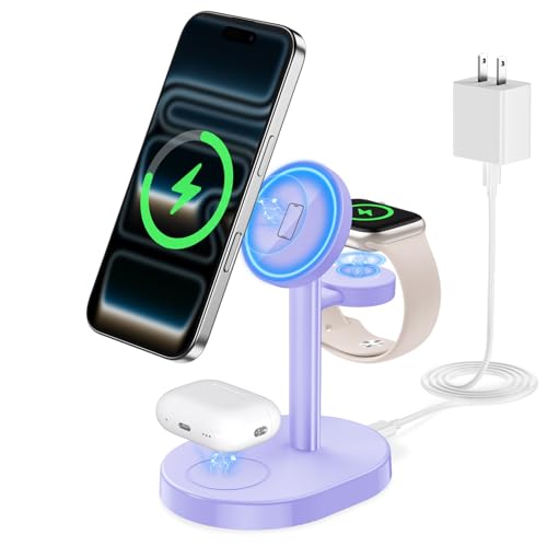 2026 Hevanto 3 in 1 Wireless Charging Station for Apple MagSafe Charger, 15W Fast Qi-Certified Magnetic Mag-Safe Charger Stand for iPhone 17 16 15 14 13 12 Apple Watch AirPods Series, Lilac Purple
