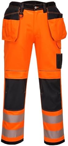 Portwest T501 Mens PW3 Hi Vis Work Trousers - Holster Pocket Workwear Safety Construction Trousers RedBlack, 28