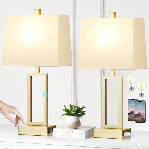 Touch Control Table Lamps Set of 2, Modern Gold Bedside Lamps with USB AC Ports & AC Outlet, 3 Way Dimmable Contemporary Nightstand Lamps for Bedroom Living RoomLED Bulb Included