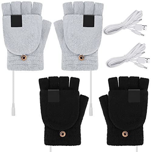 SATINIOR 2 Pairs Winter USB Heated Gloves Fingerless USB Hand Warmer Electric Hand Warming Gloves Heated Mittens with Button