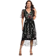 BaronHong Women's Floral Embroidered Tulle Prom Half-Sleeve V Neck Midi Dress with Waist Strap