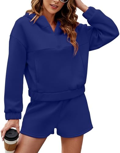 FKEEP Womens 2 Piece Sweatsuit Outfits Half Zip Hoodie Sweat with Shorts Pockets Lounge Winter Tracksuit Wear Matching Set