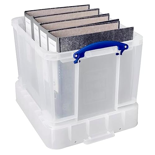 Really Useful Box 35 Liter Plastic Stackable Storage Container with XL Snap Lid & Built-in Clip Lock Handles for Home or Office Organization, Clear