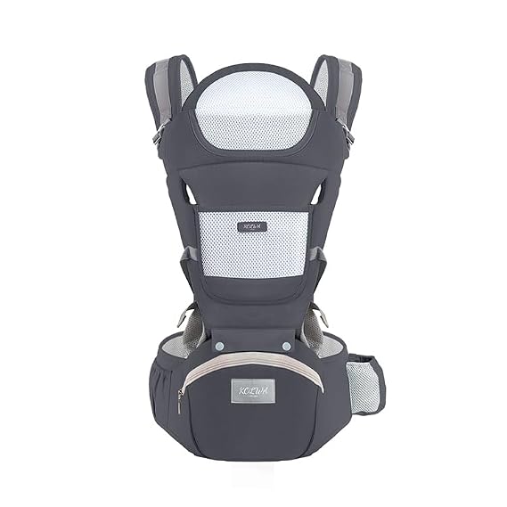6-in-1 Safety Certified Ergonomic Quality Baby Carrier with Hip Seat: Kangaroo Bag Design for Newborns to Toddlers. Head Supporting Front and Back Support for Parents (Grey)