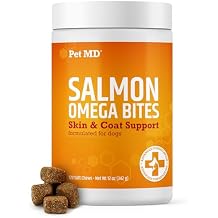 Pet MD Salmon Omega Bites for Dogs - Skin and Coat Supplement with Omega 3 & 6 for Dogs Plus DHA & EPA - Promotes Allergy & Dry Skin Relief - 120 ct