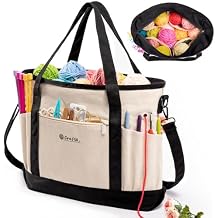MYBAGZING Canvas Yarn Storage Organizer Bag Washable Crochet Bag with Pockets for Yarn, Hooks, Needles Travel Knitting Tote for Crafters Gift for Crocheters & Knitters (Medium/Large)