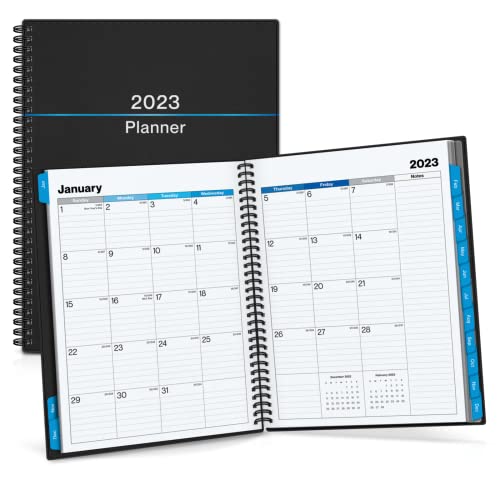 Dunwell Large Planner Book 2023 Blue Shades, 8.5x11 Daily Weekly Planner for Desktop, Laminated Monthly Tabs, Bookmark, Stickers, Protective Plastic Covers, Notes Pages and More
