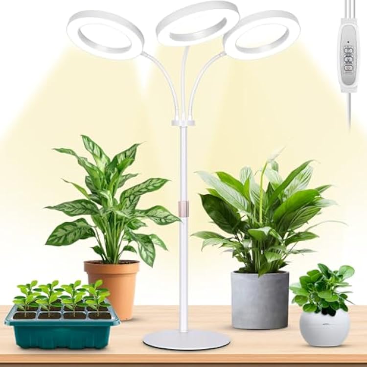 LBW Halo Plant Grow Light, Tri-Head Desk Grow Light for Indoor Growth, 72x3 LEDs Full Spectrum Grow Lamp with 4812H Auto Timer, 4 Brightness Levels, Height Adjustable, Ideal for Indoor Plants, White