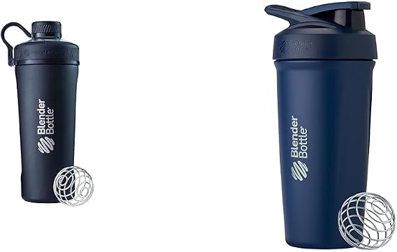 BlenderBottle Radian Shaker Cup Insulated Stainless Steel Water Bottle with Wire Whisk, 26-Ounce, Matte Black & Strada Shaker Cup Insulated Stainless Steel Water Bottle with Wire Whisk, 24-Ounce, Navy