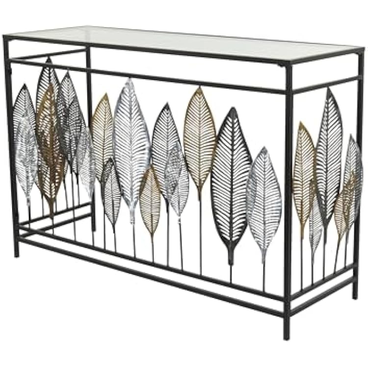 Deco 79 Metal Leaf Console Table with Glass Top and Gold Accents, 44 x 16 x 30, Black