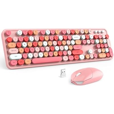 MOFII Wireless Keyboard and Mouse, Pink Colorful Round Key Retro Typewriter Keyboards, USB Wireless 2.4G Full Size Keyboard and Cute Mice Combo for Computer, Laptop, PC, Chromebook, Smart TV
