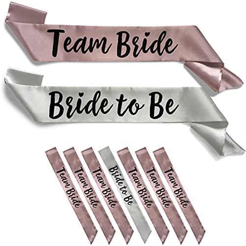 Team Bride 7pc Satin Sash Set - Sophisticated & Fun Party Favors for Bachelorette Party, Bridal Shower & Wedding Party 7pc Set, Silver & Dusty Pink