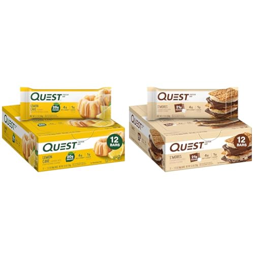 Quest Nutrition Lemon Cake Protein Bars, High Protein, Low Carb, Gluten Free, Keto Friendly, 12 Count Pack of 1 & Smores Protein Bar, High Protein, Low Carb, Gluten Free, Keto Friendly, 12 Count
