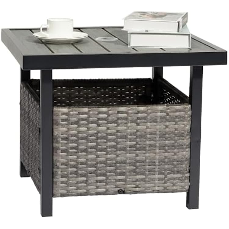 Outdoor Wicker Side Table with Umbrella Hole and Storage Space,Wicker Patio End Table for Garden,Gray